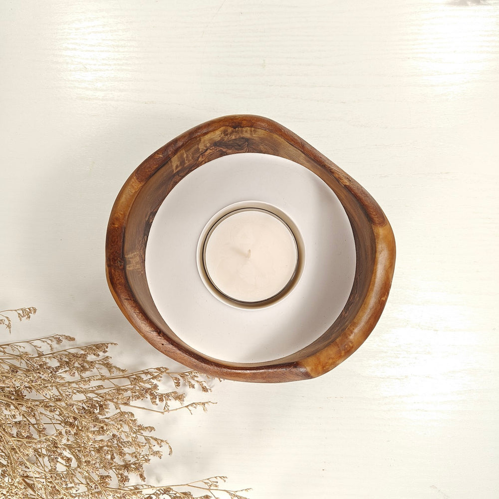 Teelicht-Kerze in Olivenholzschale, TRC-L-00142, D 14cm, 60mm Teelicht