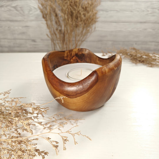 Teelicht-Kerze in Olivenholzschale, TRC-L-00142, D 14cm, 60mm Teelicht