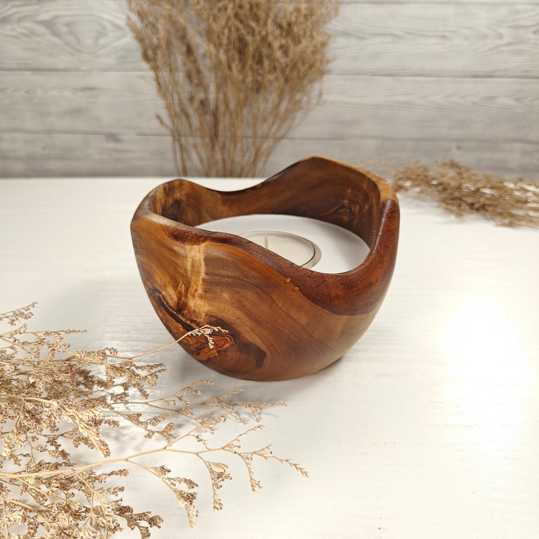 Teelicht-Kerze in Olivenholzschale, TRC-L-00142, D 14cm, 60mm Teelicht