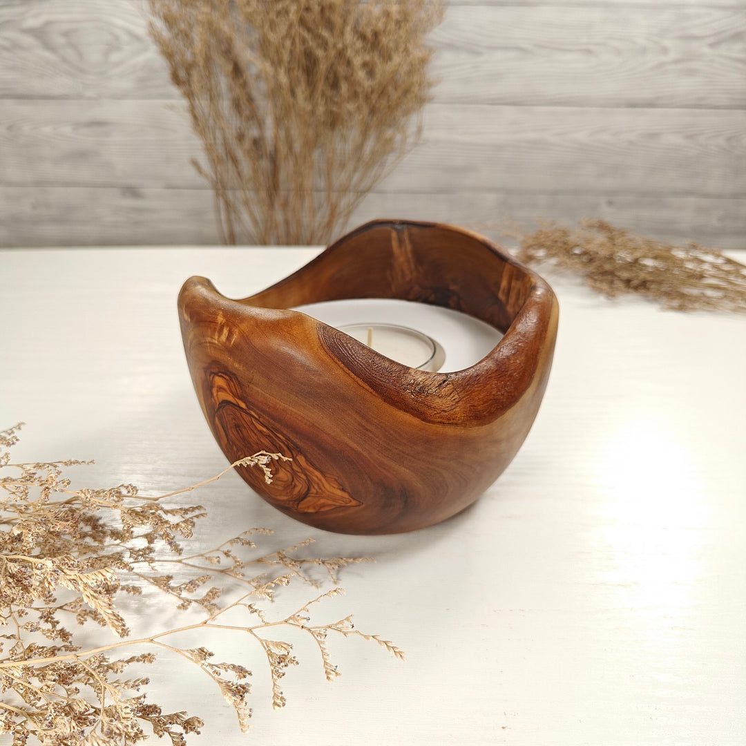 Teelicht-Kerze in Olivenholzschale, TRC-L-00142, D 14cm, 60mm Teelicht