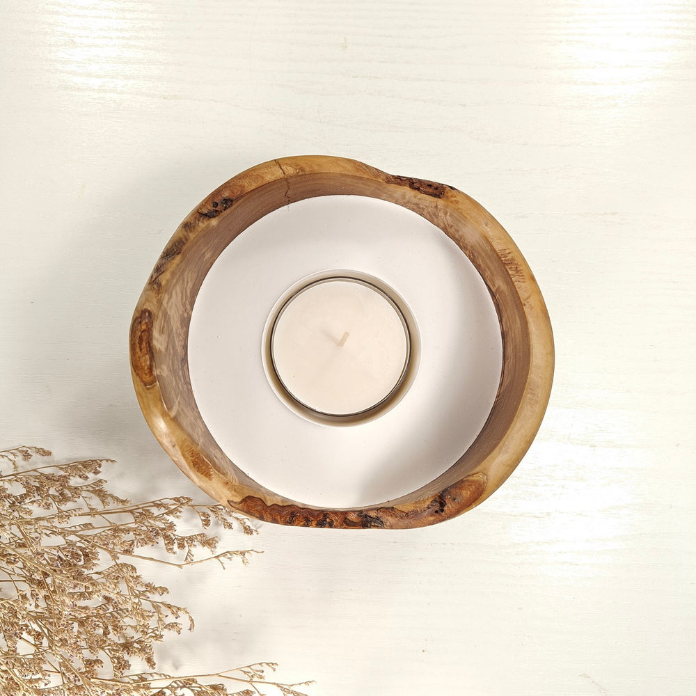 Teelicht-Kerze in Olivenholzschale, TRC-L-00143, D 14cm, 60mm Teelicht