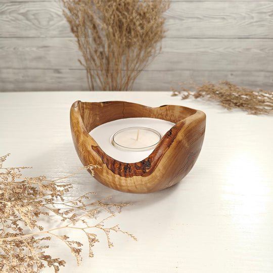 Teelicht-Kerze in Olivenholzschale, TRC-L-00143, D 14cm, 60mm Teelicht