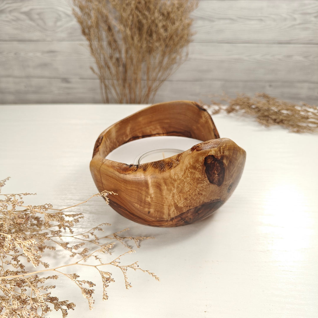 Teelicht-Kerze in Olivenholzschale, TRC-L-00143, D 14cm, 60mm Teelicht