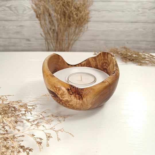 Teelicht-Kerze in Olivenholzschale, TRC-L-00143, D 14cm, 60mm Teelicht