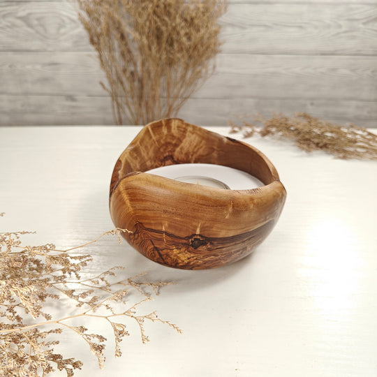 Teelicht-Kerze in Olivenholzschale, TRC-L-00143, D 14cm, 60mm Teelicht