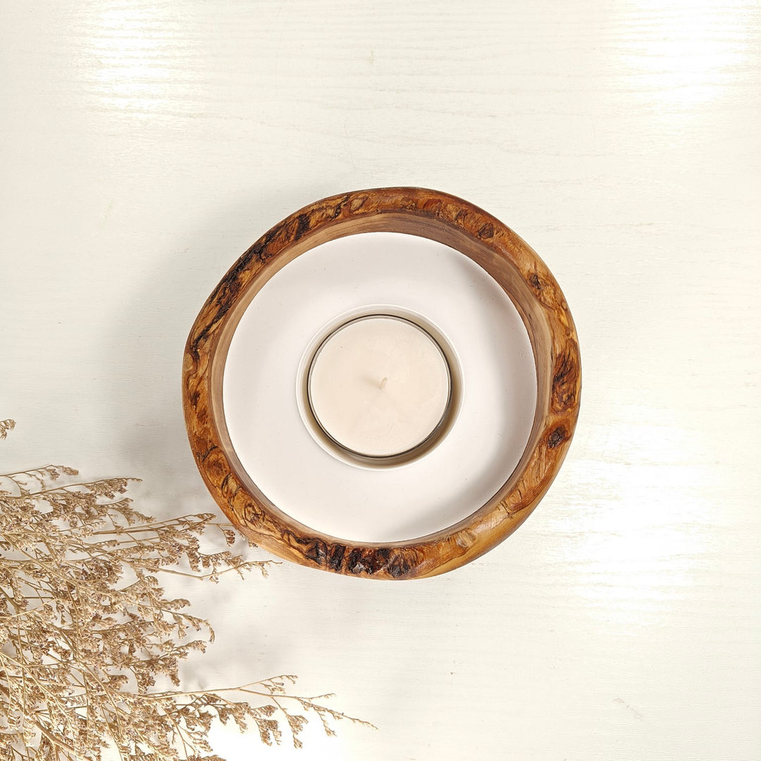 Teelicht-Kerze in Olivenholzschale, TRC-L-00144, D 14cm, 60mm Teelicht