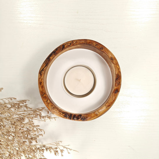 Teelicht-Kerze in Olivenholzschale, TRC-L-00144, D 14cm, 60mm Teelicht