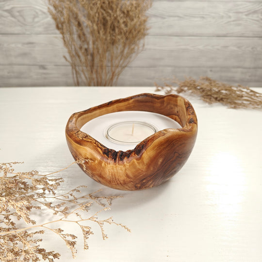 Teelicht-Kerze in Olivenholzschale, TRC-L-00144, D 14cm, 60mm Teelicht