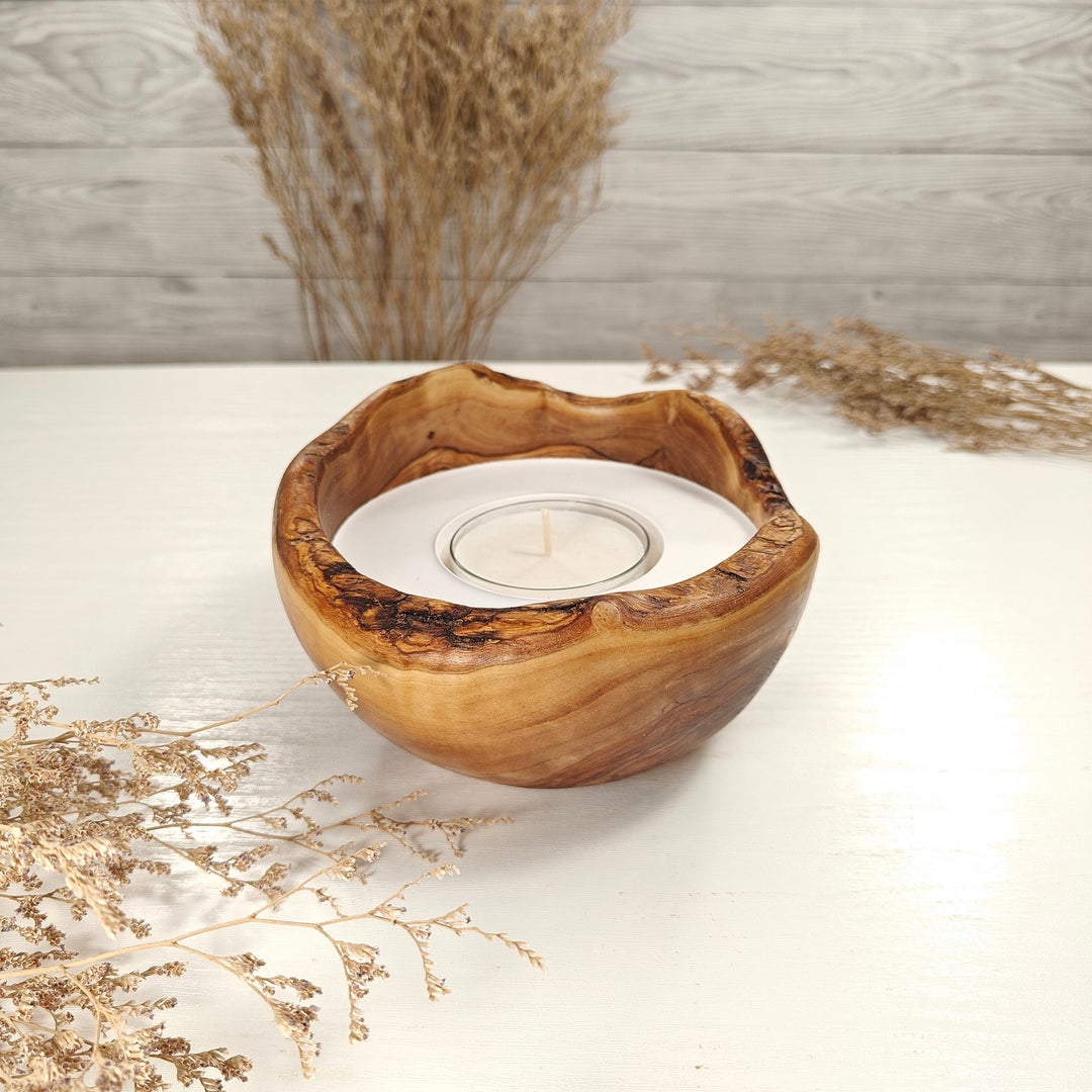 Teelicht-Kerze in Olivenholzschale, TRC-L-00144, D 14cm, 60mm Teelicht