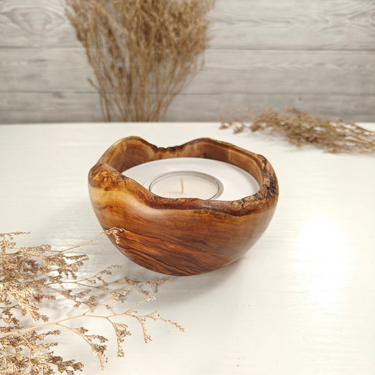 Teelicht-Kerze in Olivenholzschale, TRC-L-00144, D 14cm, 60mm Teelicht