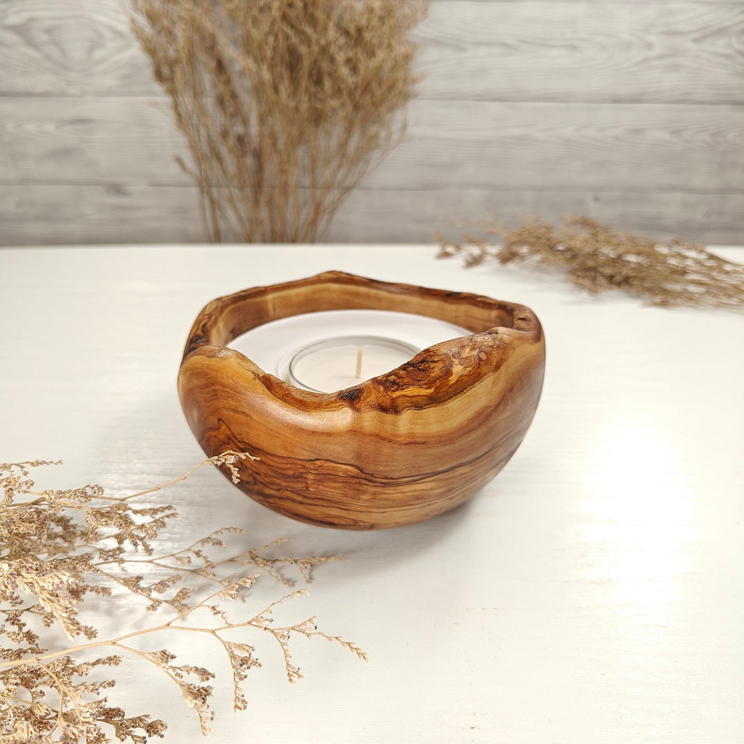 Teelicht-Kerze in Olivenholzschale, TRC-L-00144, D 14cm, 60mm Teelicht