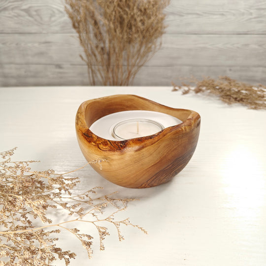 Teelicht-Kerze in Olivenholzschale, TRC-L-00145, D 13cm, 60mm Teelicht