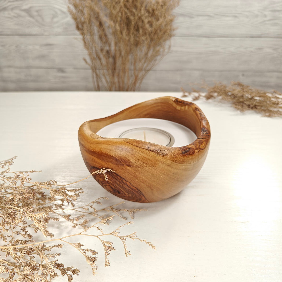 Teelicht-Kerze in Olivenholzschale, TRC-L-00145, D 13cm, 60mm Teelicht