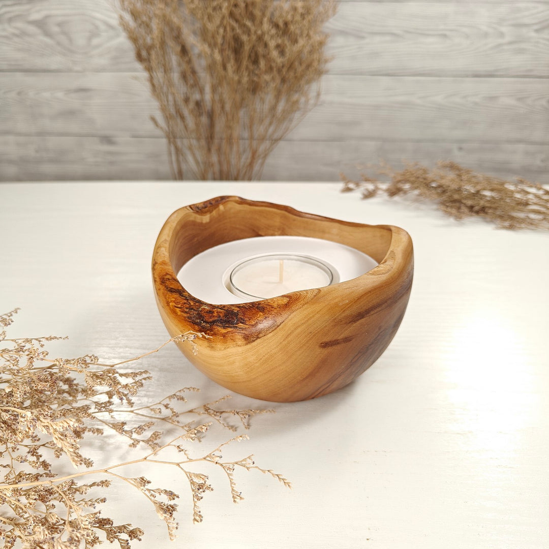 Teelicht-Kerze in Olivenholzschale, TRC-L-00145, D 13cm, 60mm Teelicht