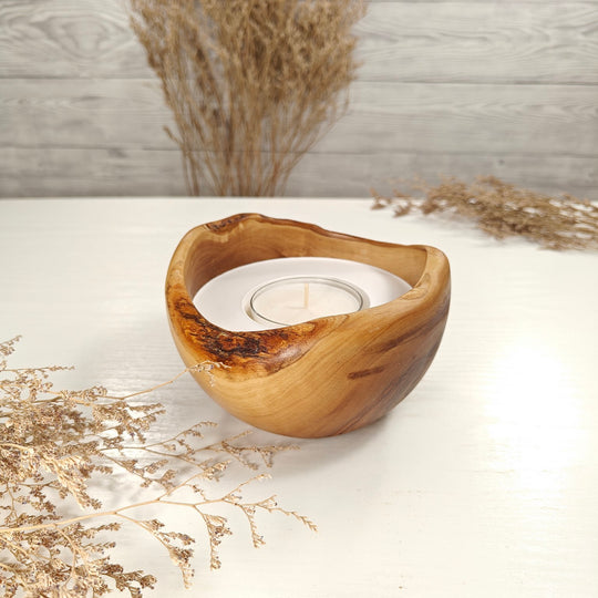 Teelicht-Kerze in Olivenholzschale, TRC-L-00145, D 13cm, 60mm Teelicht