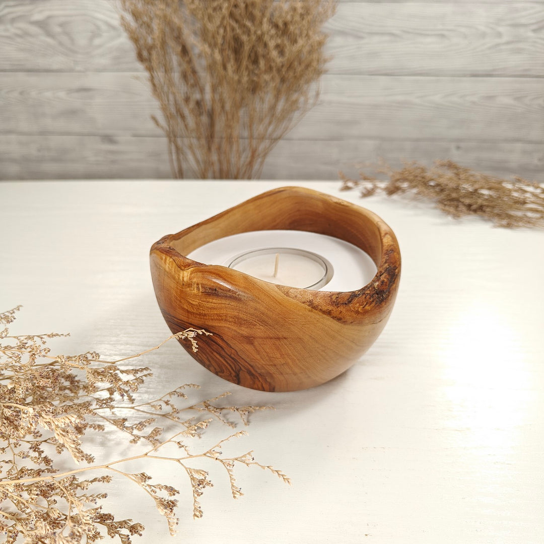 Teelicht-Kerze in Olivenholzschale, TRC-L-00145, D 13cm, 60mm Teelicht