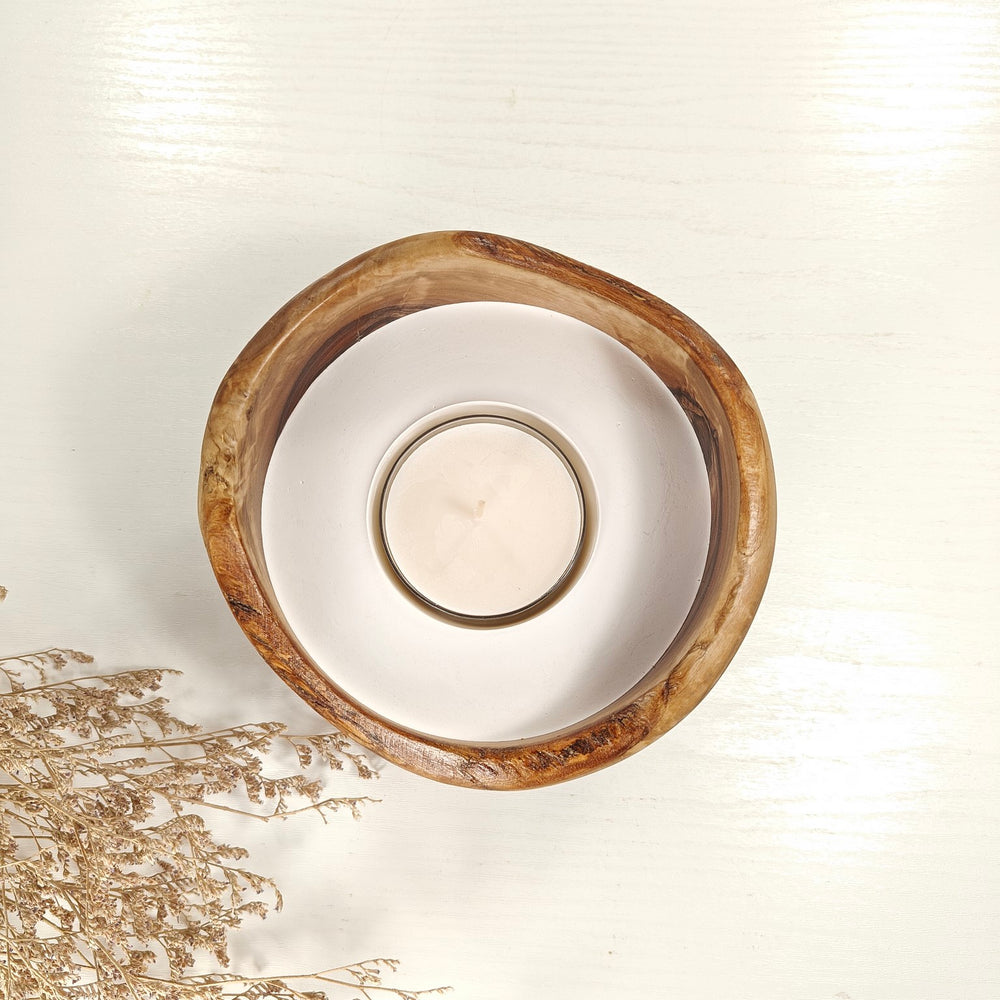 Teelicht-Kerze in Olivenholzschale, TRC-L-00146, D 14cm, 60mm Teelicht