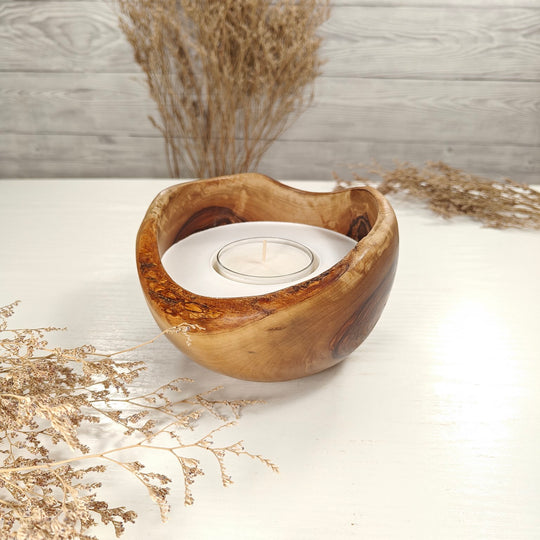 Teelicht-Kerze in Olivenholzschale, TRC-L-00146, D 14cm, 60mm Teelicht