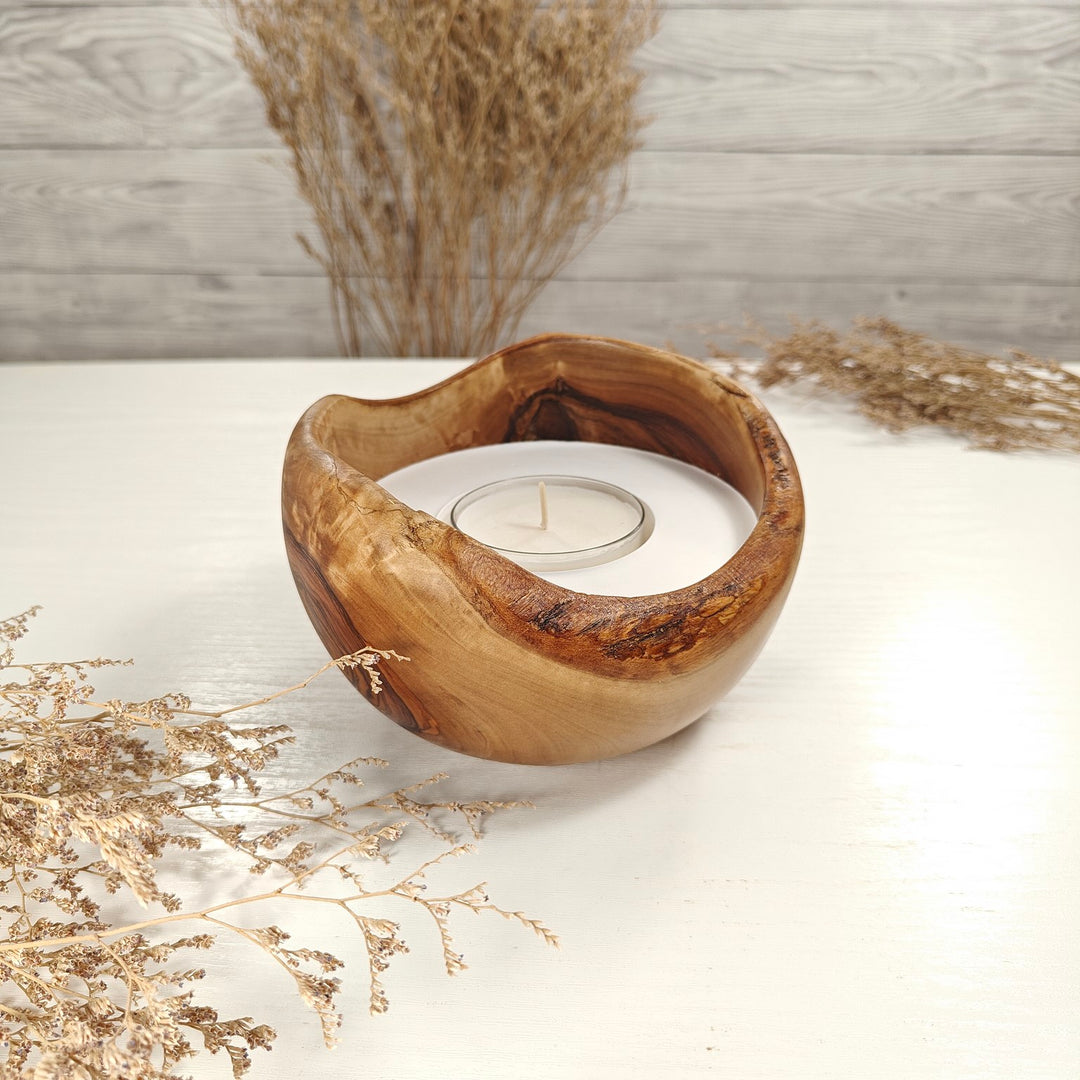 Teelicht-Kerze in Olivenholzschale, TRC-L-00146, D 14cm, 60mm Teelicht