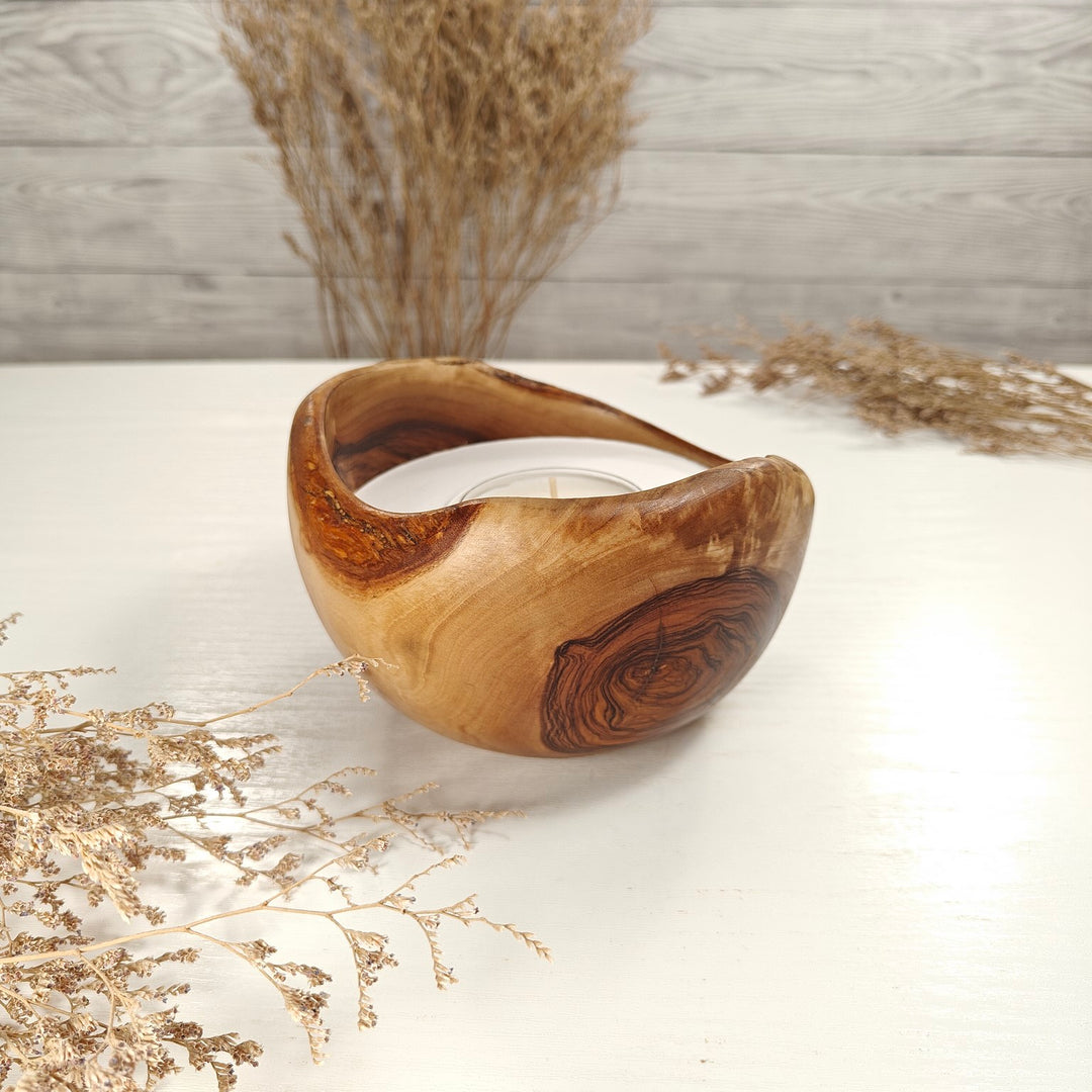 Teelicht-Kerze in Olivenholzschale, TRC-L-00146, D 14cm, 60mm Teelicht