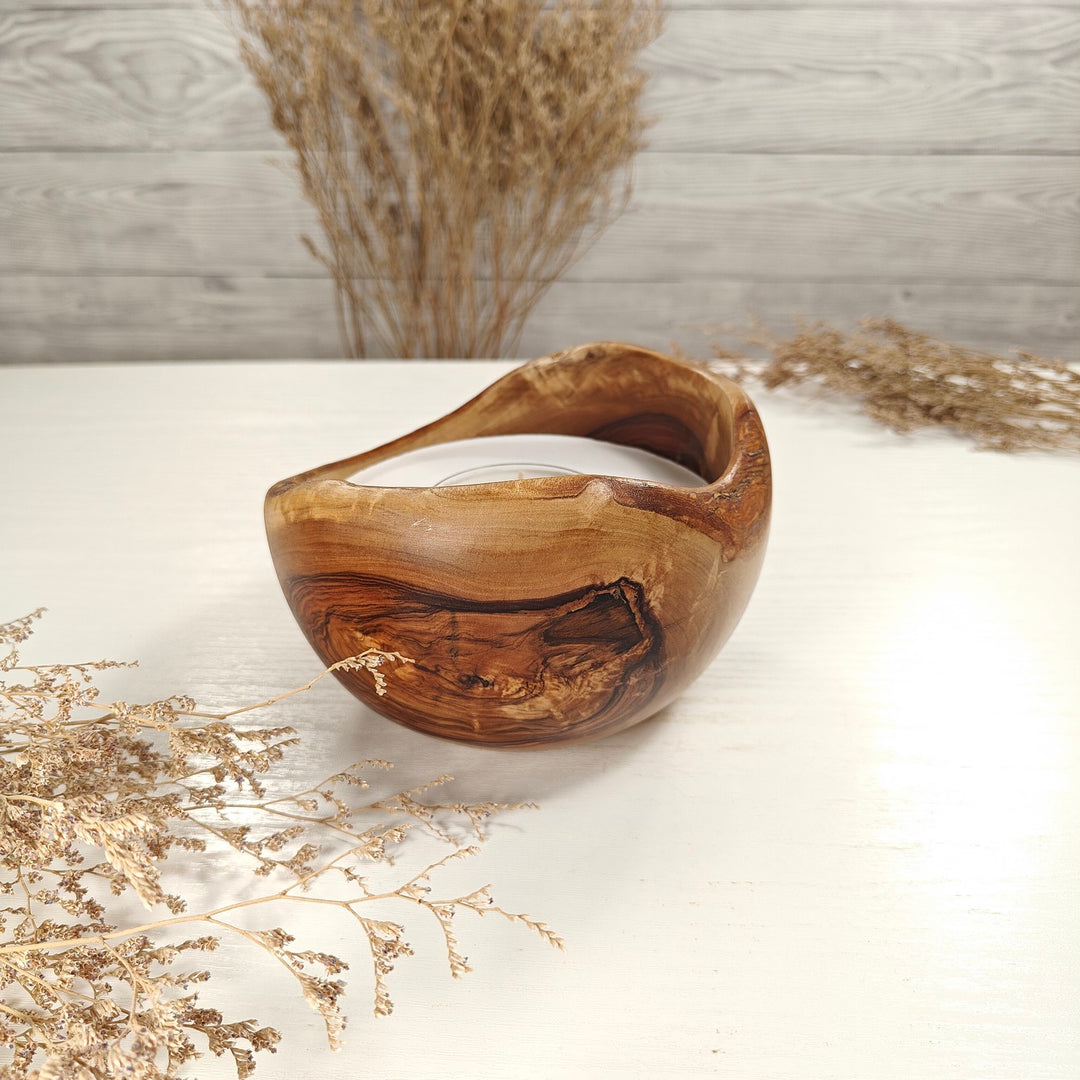Teelicht-Kerze in Olivenholzschale, TRC-L-00146, D 14cm, 60mm Teelicht