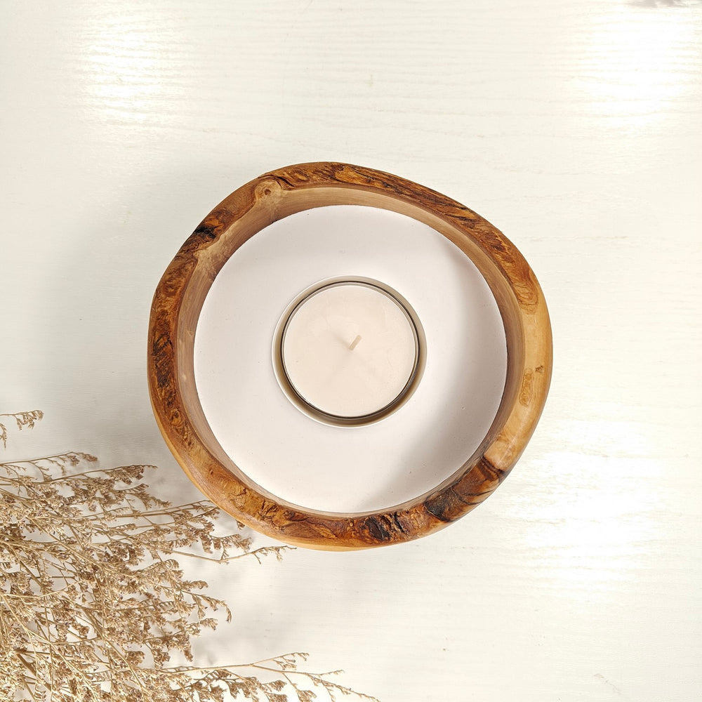 Teelicht-Kerze in Olivenholzschale, TRC-L-00147, D 15cm, 60mm Teelicht