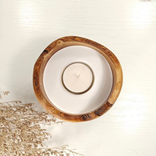 Teelicht-Kerze in Olivenholzschale, TRC-L-00147, D 15cm, 60mm Teelicht