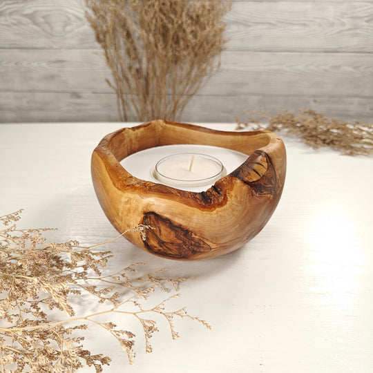 Teelicht-Kerze in Olivenholzschale, TRC-L-00147, D 15cm, 60mm Teelicht