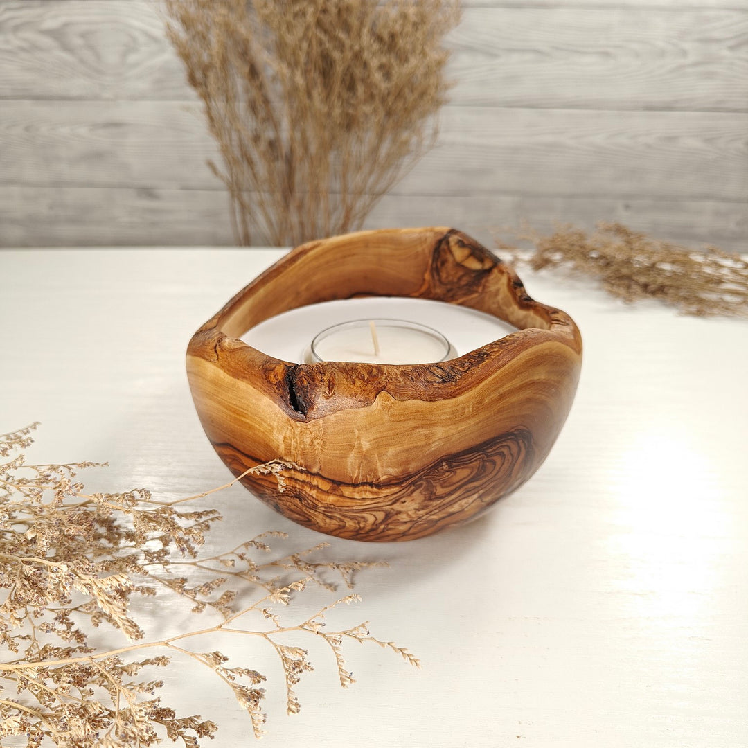 Teelicht-Kerze in Olivenholzschale, TRC-L-00147, D 15cm, 60mm Teelicht