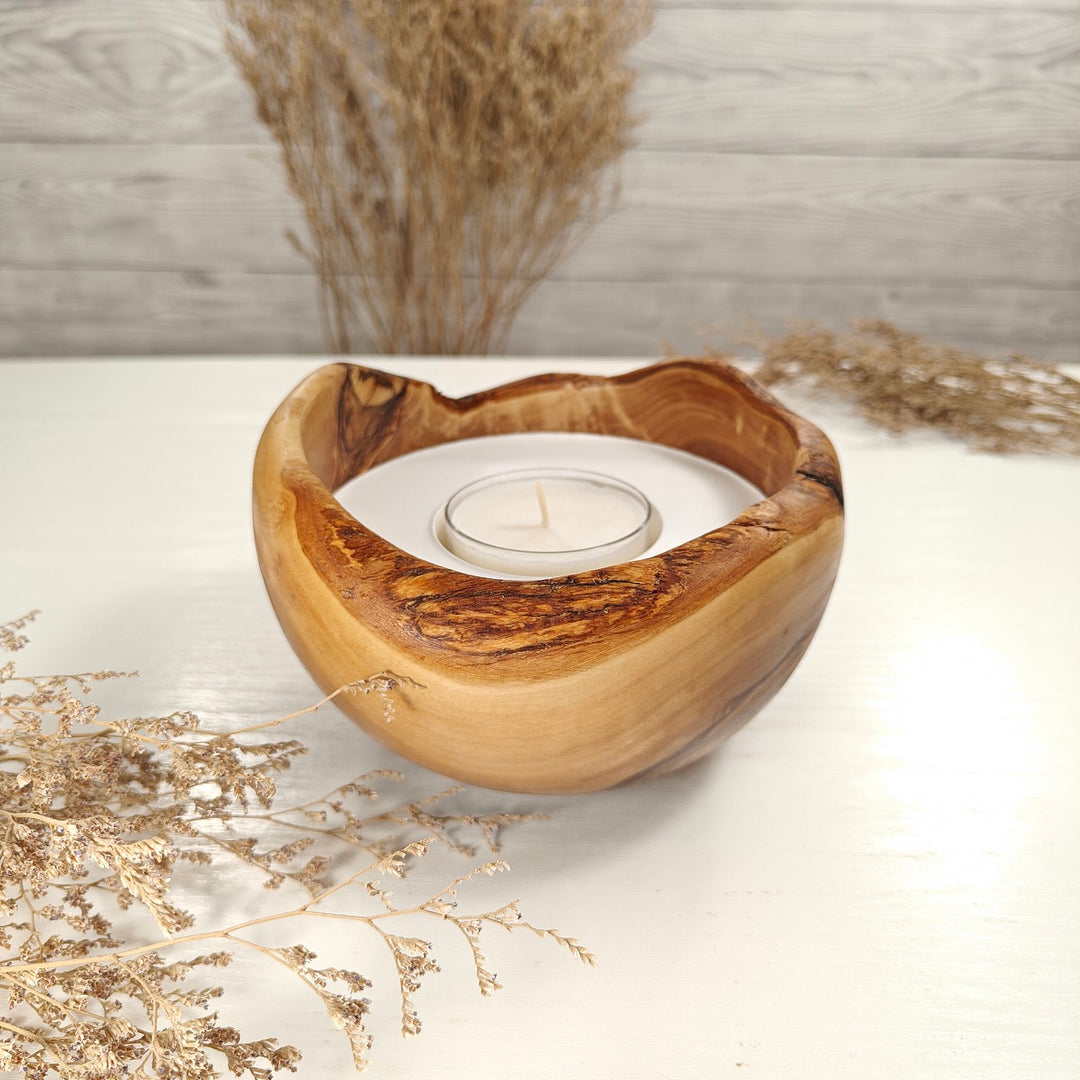 Teelicht-Kerze in Olivenholzschale, TRC-L-00147, D 15cm, 60mm Teelicht