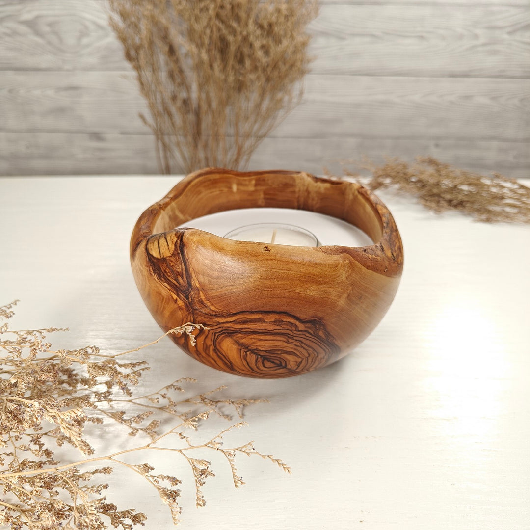 Teelicht-Kerze in Olivenholzschale, TRC-L-00147, D 15cm, 60mm Teelicht