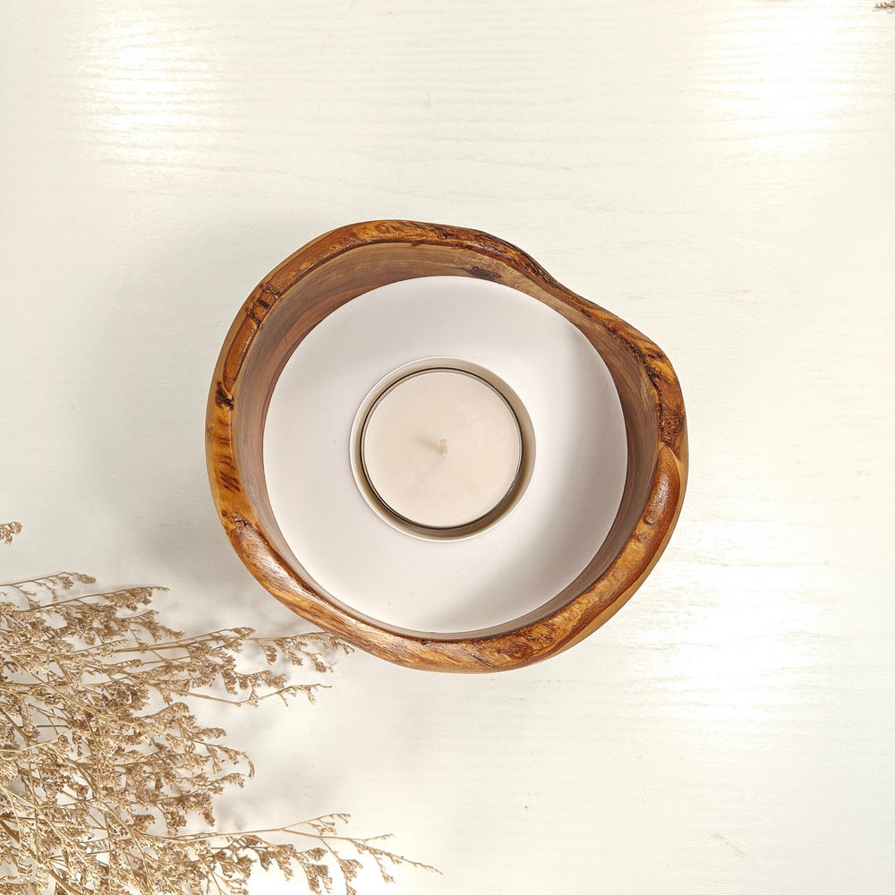 Teelicht-Kerze in Olivenholzschale, TRC-L-00148, D 14cm, 60mm Teelicht