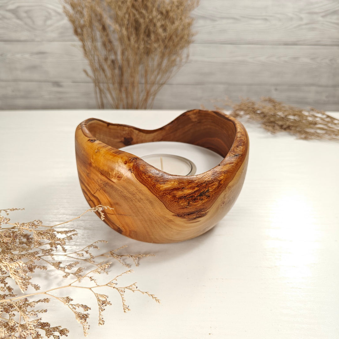 Teelicht-Kerze in Olivenholzschale, TRC-L-00148, D 14cm, 60mm Teelicht