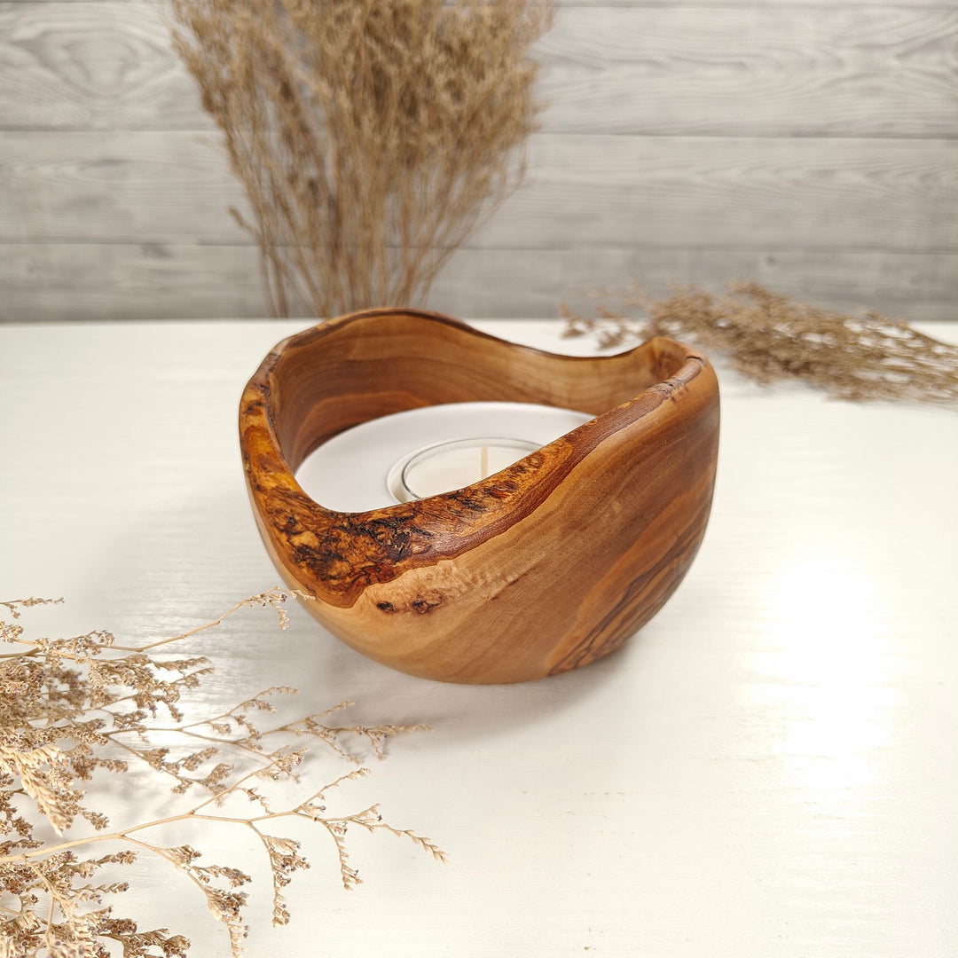 Teelicht-Kerze in Olivenholzschale, TRC-L-00148, D 14cm, 60mm Teelicht