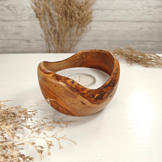 Teelicht-Kerze in Olivenholzschale, TRC-L-00148, D 14cm, 60mm Teelicht