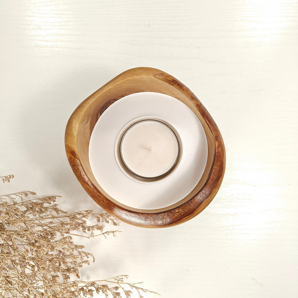 Teelicht-Kerze in Olivenholzschale, TRC-L-00149, D 13cm, 60mm Teelicht