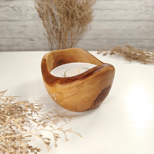 Teelicht-Kerze in Olivenholzschale, TRC-L-00149, D 13cm, 60mm Teelicht