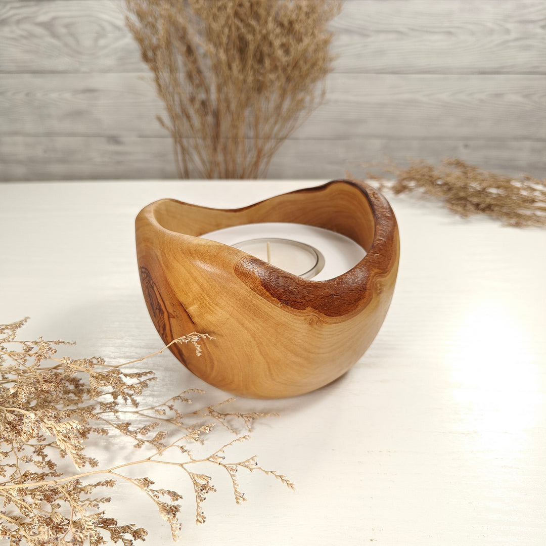 Teelicht-Kerze in Olivenholzschale, TRC-L-00149, D 13cm, 60mm Teelicht