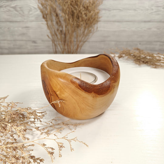 Teelicht-Kerze in Olivenholzschale, TRC-L-00149, D 13cm, 60mm Teelicht