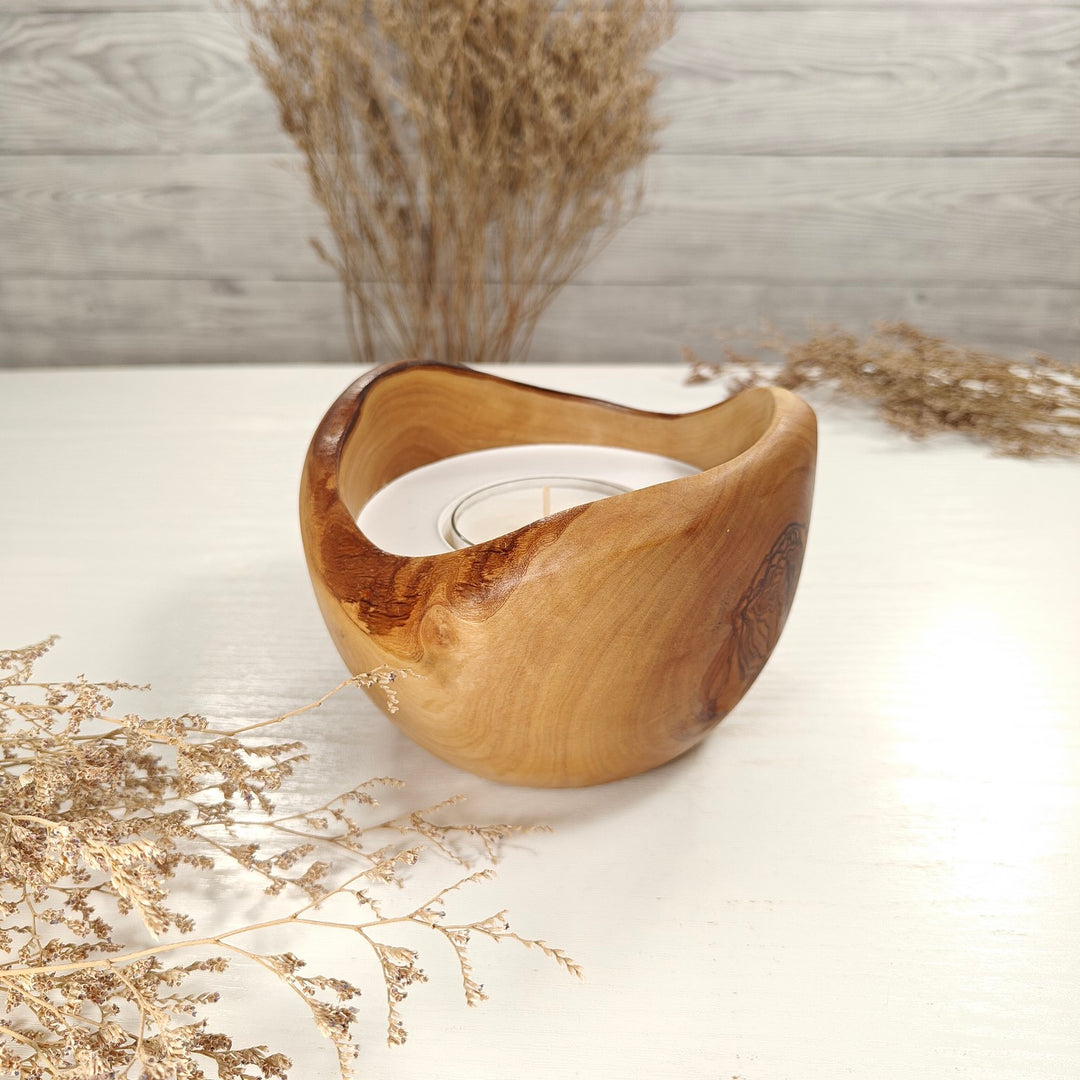 Teelicht-Kerze in Olivenholzschale, TRC-L-00149, D 13cm, 60mm Teelicht