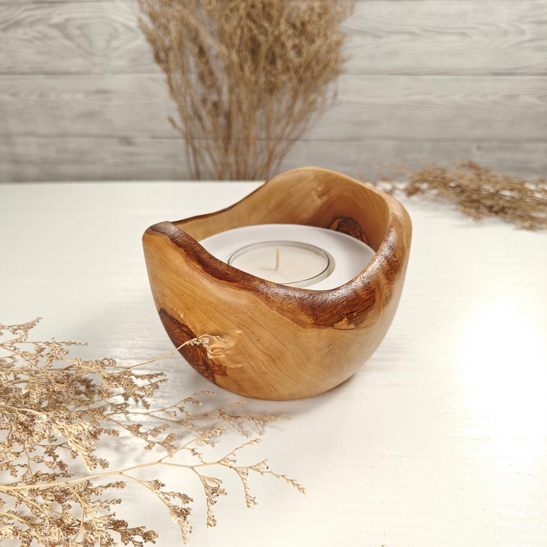 Teelicht-Kerze in Olivenholzschale, TRC-L-00149, D 13cm, 60mm Teelicht