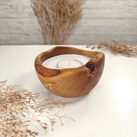 Teelicht-Kerze in Olivenholzschale, TRC-L-00150, D 14cm, 60mm Teelicht