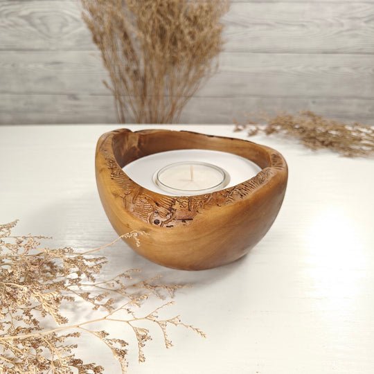 Teelicht-Kerze in Olivenholzschale, TRC-L-00150, D 14cm, 60mm Teelicht