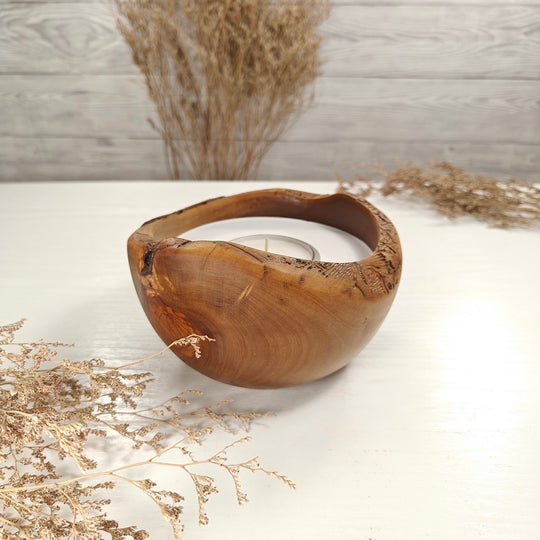Teelicht-Kerze in Olivenholzschale, TRC-L-00150, D 14cm, 60mm Teelicht