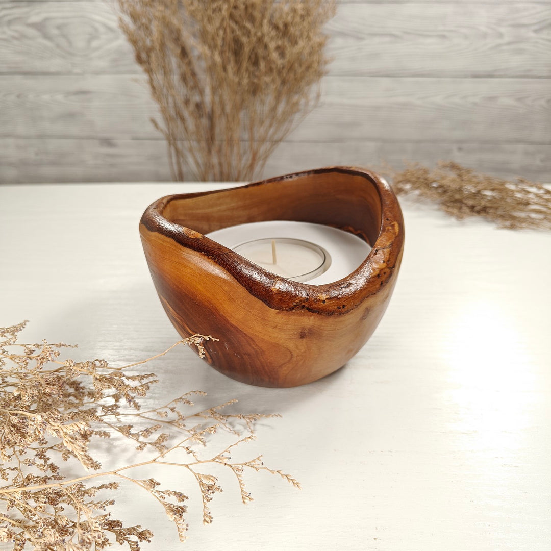 Teelicht-Kerze in Olivenholzschale, TRC-L-00151, D 13cm, 60mm Teelicht