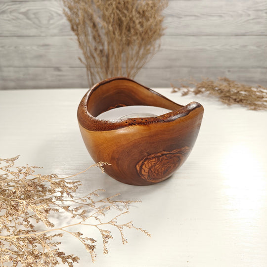 Teelicht-Kerze in Olivenholzschale, TRC-L-00151, D 13cm, 60mm Teelicht