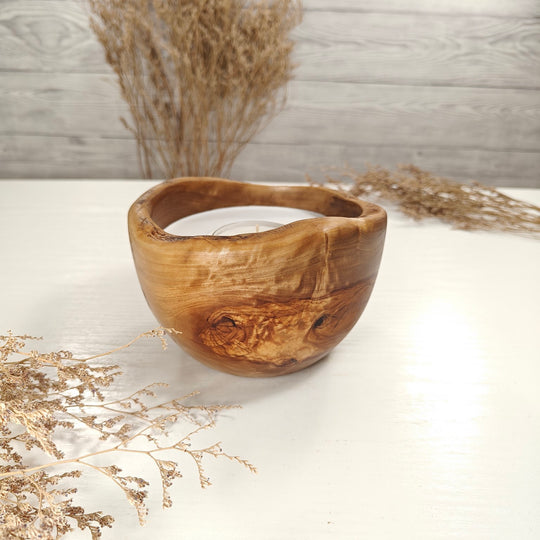 Teelicht-Kerze in Olivenholzschale, TRC-L-00152, D 14cm, 60mm Teelicht