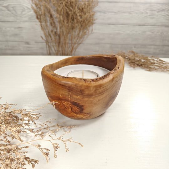 Teelicht-Kerze in Olivenholzschale, TRC-L-00152, D 14cm, 60mm Teelicht