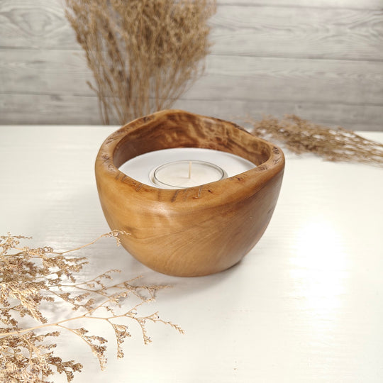Teelicht-Kerze in Olivenholzschale, TRC-L-00152, D 14cm, 60mm Teelicht