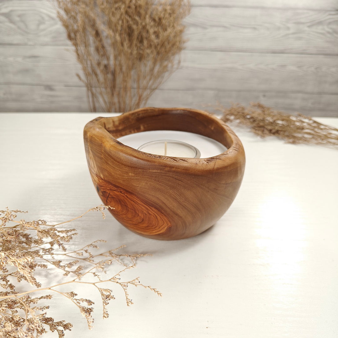 Teelicht-Kerze in Olivenholzschale, TRC-L-00152, D 14cm, 60mm Teelicht